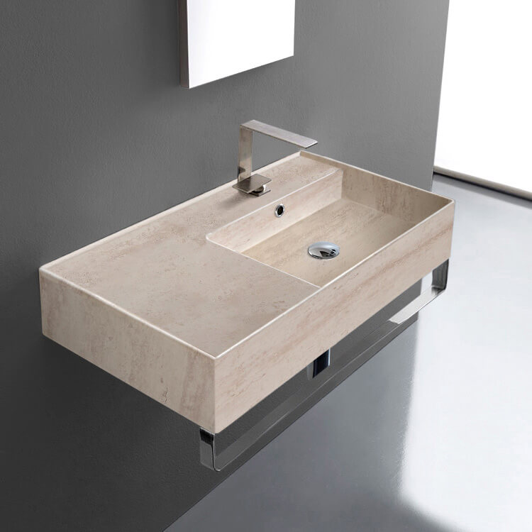 Scarabeo 5118-E-TB-One Hole Beige Travertine Design Ceramic Wall Mounted Sink With Counter Space, Towel Bar Included